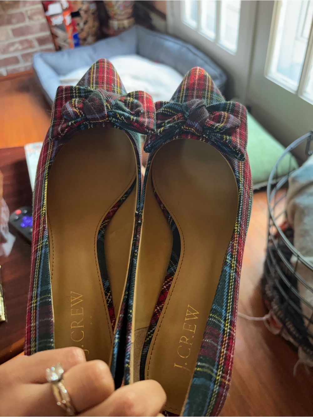J. Crew Red and Green Plaid Pointed Toe Bow Flats